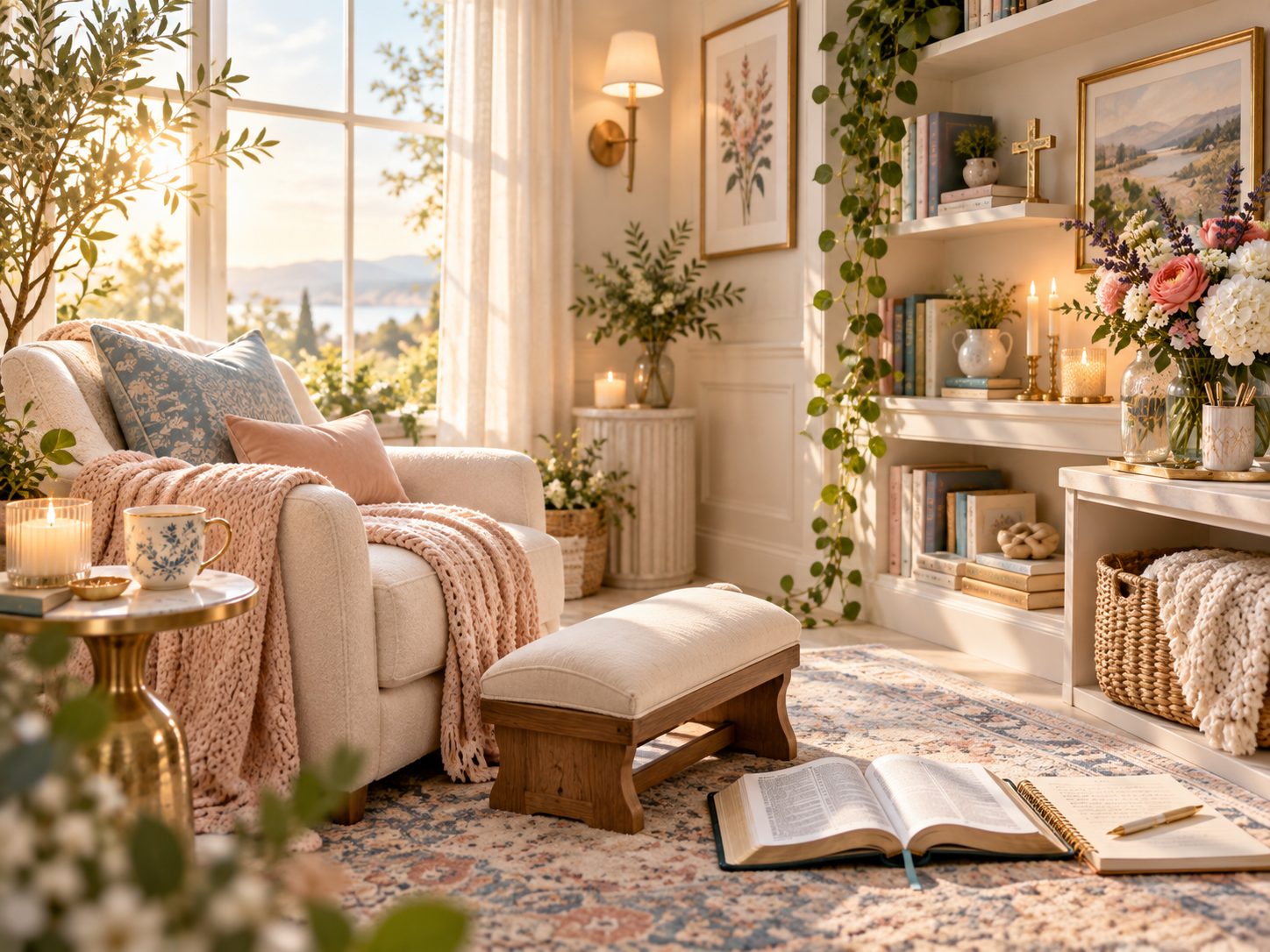 Warm, sunlit reading space with a Bible, journal, books, flowers and greenery.